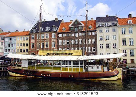 Copenhagen, Denmark - July 20, 2019: Restaurant Ship Oranje Af Svendborg In Nyhavn Canal, Copenhagen