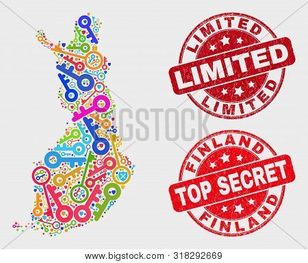 Privacy Finland Map And Seal Stamps. Red Rounded Top Secret And Limited Grunge Seal Stamps. Colored 