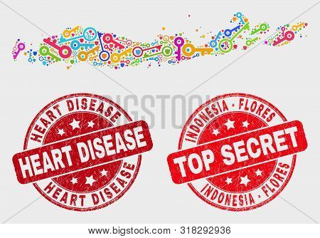 Keep Flores Islands Of Indonesia Map And Seal Stamps. Red Rounded Top Secret And Heart Disease Grung