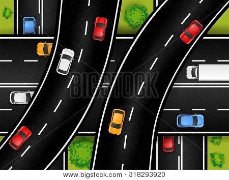 Road Junction Top View Composition With Outdoor Scenery And Motorway Drive With Flyovers And Colourf