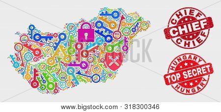 Passkey Hungary Map And Seals. Red Rounded Top Secret And Chief Distress Seals. Colored Hungary Map 