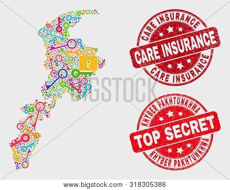 Security Khyber Pakhtunkhwa Province Map And Watermarks. Red Rounded Top Secret And Care Insurance T