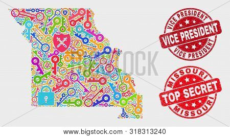 Guard Missouri State Map And Seal Stamps. Red Round Top Secret And Vice President Textured Watermark