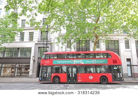 London England - June 2, 2019: Double Decker Bus Parked In Downtown London Uk