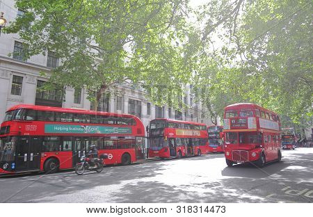 London England - June 2, 2019: Double Decker Bus Parked In Downtown London Uk