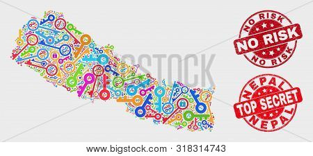 Passkey Nepal Map And Seal Stamps. Red Rounded Top Secret And No Risk Textured Seal Stamps. Bright N