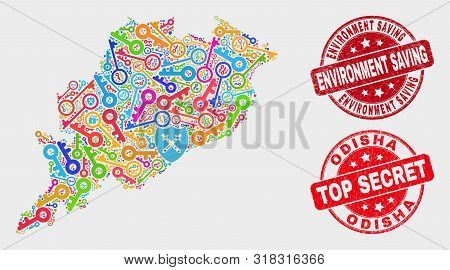 Protection Odisha State Map And Seals. Red Rounded Top Secret And Environment Saving Grunge Seals. C