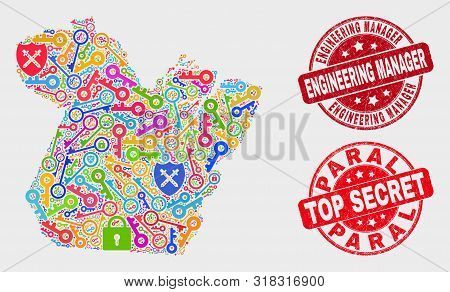 Safety Paral State Map And Stamps. Red Round Top Secret And Engineering Manager Textured Stamps. Bri