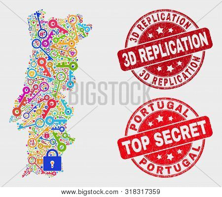 Passkey Portugal Map And Seal Stamps. Red Round Top Secret And 3d Replication Distress Seal Stamps. 
