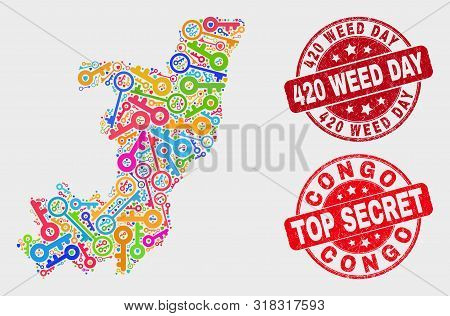 Firewall Republic Of The Congo Map And Seal Stamps. Red Round Top Secret And 420 Weed Day Grunge Sea