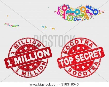 Passkey Socotra Archipelago Map And Stamps. Red Round Top Secret And 1 Million Textured Seal Stamps.