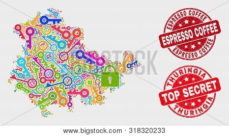 Safety Thuringia Land Map And Seal Stamps. Red Round Top Secret And Espresso Coffee Distress Seal St