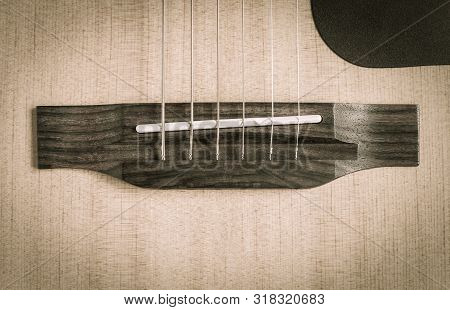 Wood Bridge And Plastic Saddle And String And Pickguard Of Acoustic Guitar In Natural Light