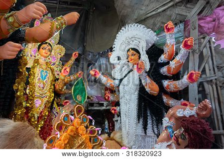 Kolkata, West Bengal, India - 7th October 2018 : Clay Idol Face Of Goddess Durga, With White Dress F