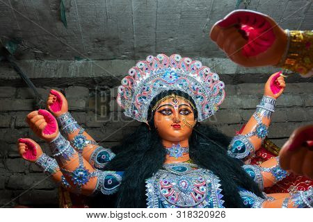 Kolkata, West Bengal, India - 7th October 2018 : Clay Idol Face Of Goddess Durga, With White Dress F