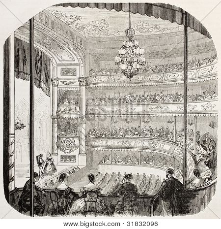 Geneva theatre interior old illustration. Created by Godefroy-Durand after Varenne, published on L'Illustration, Journal Universel, Paris, 1863