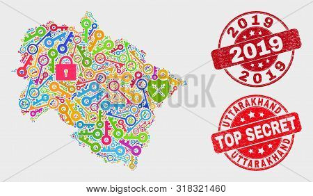 Shield Uttarakhand State Map And Seal Stamps. Red Rounded Top Secret And 2019 Scratched Seal Stamps.