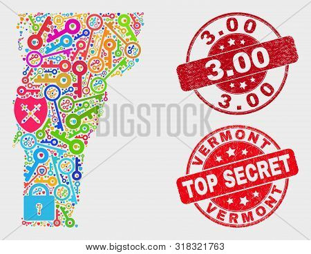 Privacy Vermont State Map And Stamps. Red Round Top Secret And 3.00 Distress Watermarks. Colored Ver