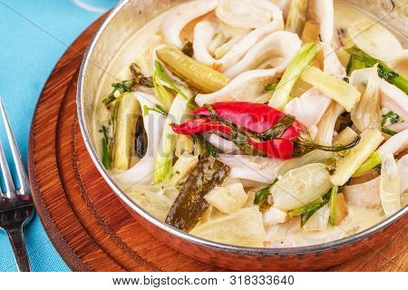 Mediterranean Noodle Soup With Colmar Rings, Onions, Cucumbers And Hot Peppers