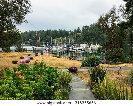 A Beautiful Marina In The Distance Surrounded By Natural Trees And A Well Landscapes Garden Full Of 