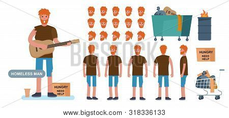 Homeless Man Character Constructor For Animation Creation Cet. Front, Side And Back View. Cartoon St