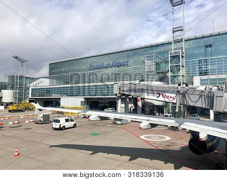 FRANKFURT, GERMANY - AUGUST 18, 2019: A terminal building at Frankfurt International Airport in Frankfurt, Germany.