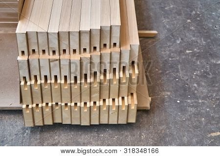 Joinery. Wood Door Manufacturing Process. Stacked Door Leaf Elements. Furniture Manufacture.