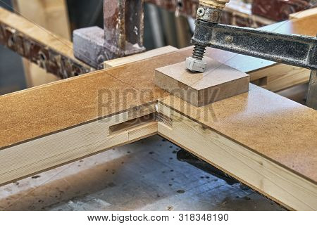 Joinery. Wood Door Manufacturing Process. Clamping And Gluing Door Leaf. Furniture Manufacture.