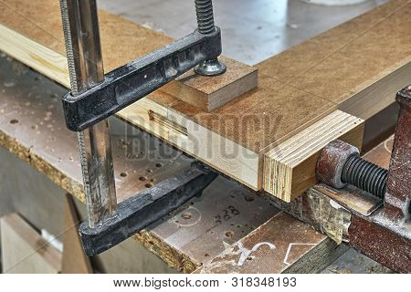 Joinery. Wood Door Manufacturing Process. Clamping And Gluing Door Leaf. Furniture Manufacture.