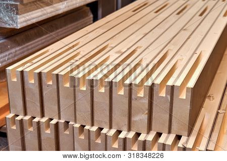 Joinery. Wood Door Manufacturing Process. Stacked Door Leaf Elements. Furniture Manufacture.