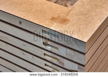 Joinery. Wood Door Manufacturing Process. Stacked Door Leafs. Furniture Manufacture.