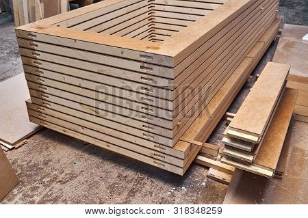 Joinery. Wood Door Manufacturing Process. Stacked Door Leafs. Furniture Manufacture.