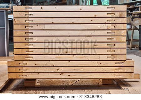 Joinery. Wood Door Manufacturing Process. Stacked Door Leafs. Furniture Manufacture.