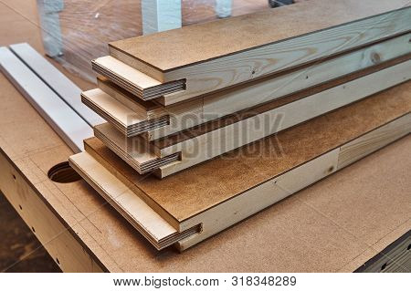 Joinery. Wood Door Manufacturing Process. Stacked Door Leaf Elements. Furniture Manufacture.