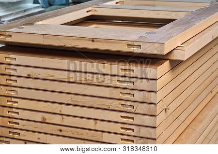 Joinery. Wood Door Manufacturing Process. Stacked Door Leafs. Furniture Manufacture.