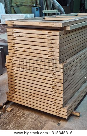 Joinery. Wood Door Manufacturing Process. Stacked Door Leafs. Furniture Manufacture.