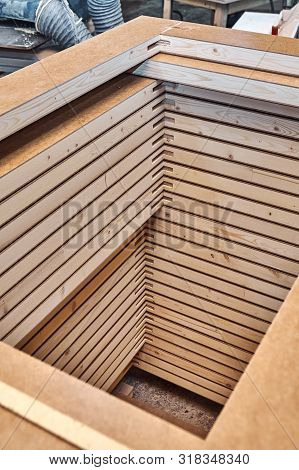 Joinery. Wood Door Manufacturing Process. Stacked Door Leafs. Furniture Manufacture.