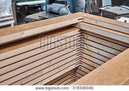 Joinery. Wood Door Manufacturing Process. Stacked Door Leafs. Furniture Manufacture.