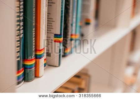 Helsinki, Finland - July 1, 2019: Shelf With Lgbtq Awareness Books At The Oodi Helsinki Central Libr
