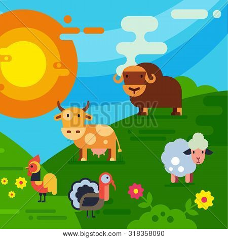 Farm Animals And Birds Or Stockyard Vector Illustration. Cartoon Cow, Sheep And Bull, Turkey And Chi