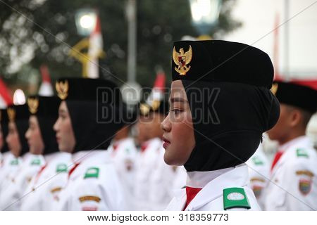 Batang, Central Java / Indonesia - August 17, 2019 : Paskibraka, An Indonesian Flag Raiser During Th