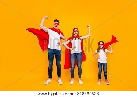 Mom Dad And Little Foxy Lady Playing Cartoon Characters Wear Superhero Capes Isolated Yellow Backgro