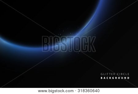Glitter Blue Neon Circle Ring Frame & Sparkle Flash Light Star Shimmer Vector On Black Background, S