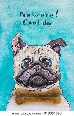 Portrait Of Cool Pug Dog. Watercolor Sketch, Illustration.