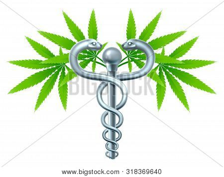 A Medical Marijuana Plant Caduceus Concept Symbol With Cannabis Plant With Leaves Intertwined Around