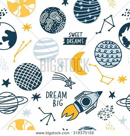 Seamless Pattern Of Space Elements (planets, Racket, Stars). Doodle Style. Vector Illustration.