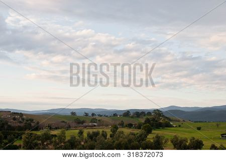 Peaceful Evening Scene Of Yarra Valley Countryside And Mountainrange Near Melbourne Australia