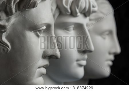 Gypsum Copy Of Ancient Statue Apollo, Antinous And Venus Head On Dark Textured Background. Plaster S