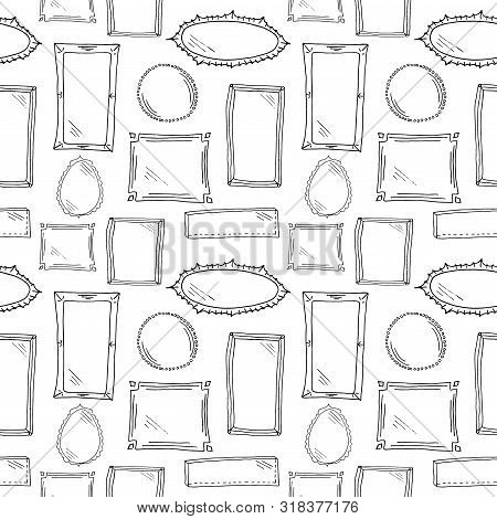Frames Seamless Sketch Pattern. Black Hand Drawn Picture Frames And Mirrors Without Background. Wall