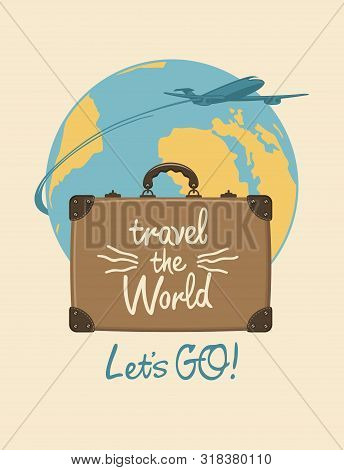 Vector Banner On The Theme Of Air Travel With A Travel Suitcase, Handwritten Inscriptions And Passen
